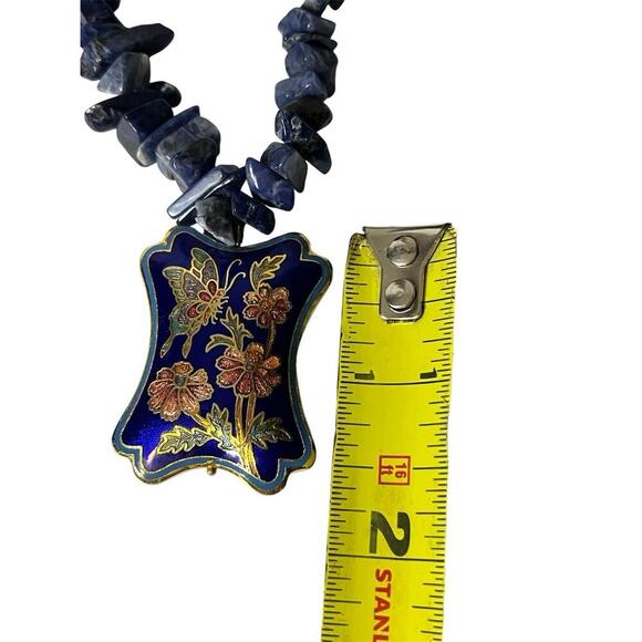 Vintage 70s Lapis Lazuli Necklace w/ Cloisonne Butterfly Pendant 15” Hand-Beaded - Picture 10 of 11